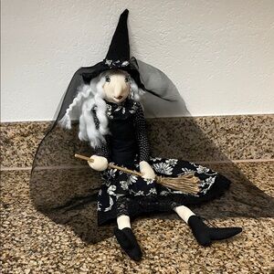 Black White Witch Doll Halloween Decor Gothic Farmhouse Spooky Display